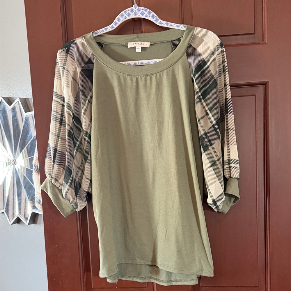 Emerald Olive Top with Plaid Sleeves